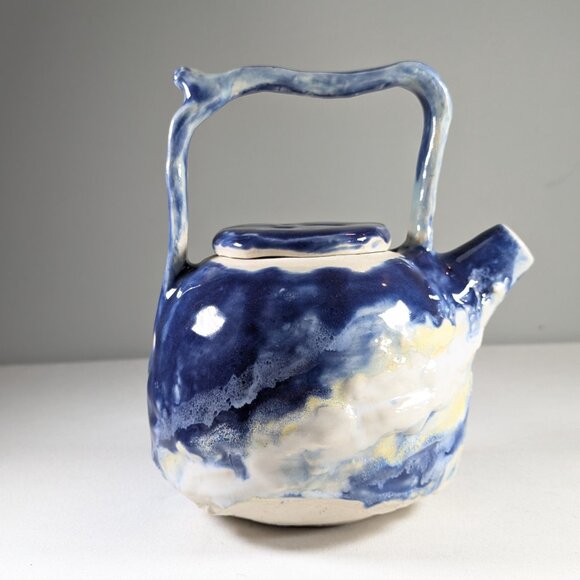 Sassy handmade teapot on stand, hand built ceramic tea pot summer clouds - Picture 12 of 15
